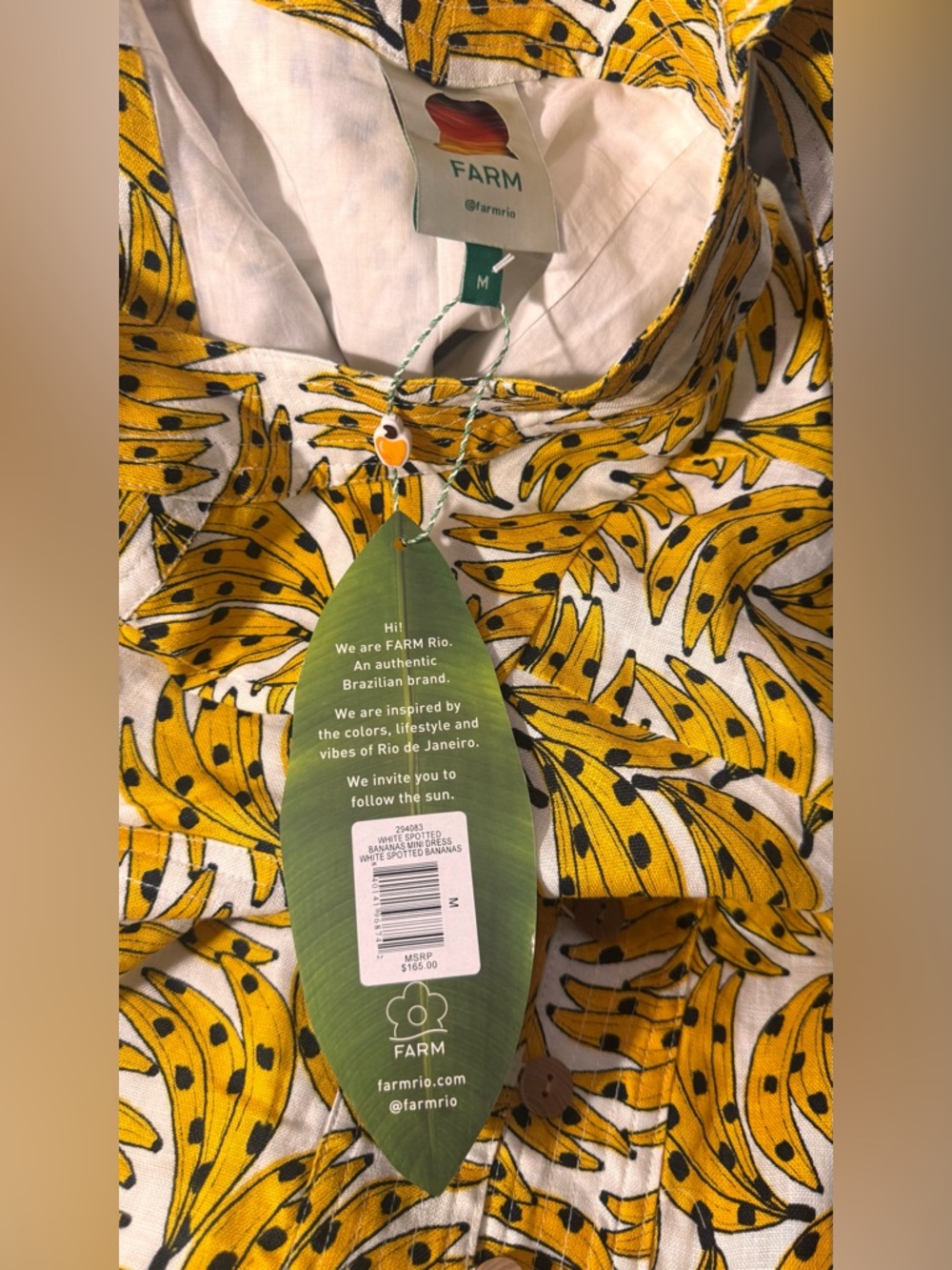 FARM Rio Linen Button-Front Yellow White Spotted Bananas mini dress M - Picture 4 of 5